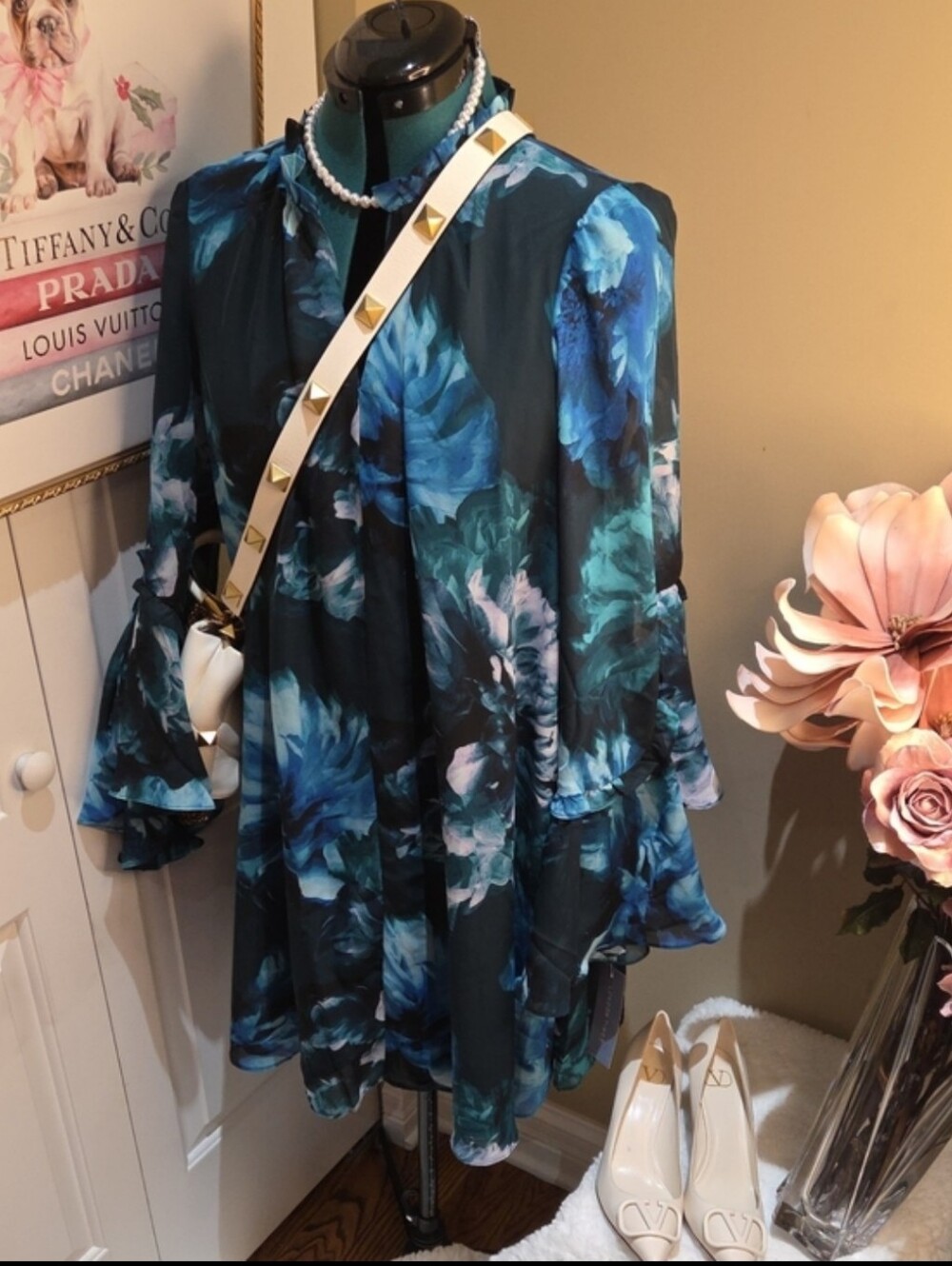 Nwt XL  London Times Gorgeous  Blue Teal Floral Midi Dress